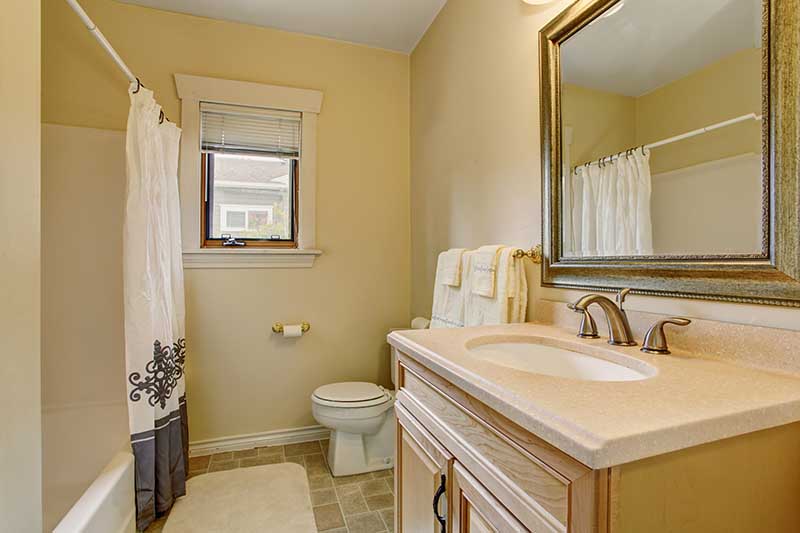 SImplistic bathroom with decorative shower curtain, and large framed mirror.